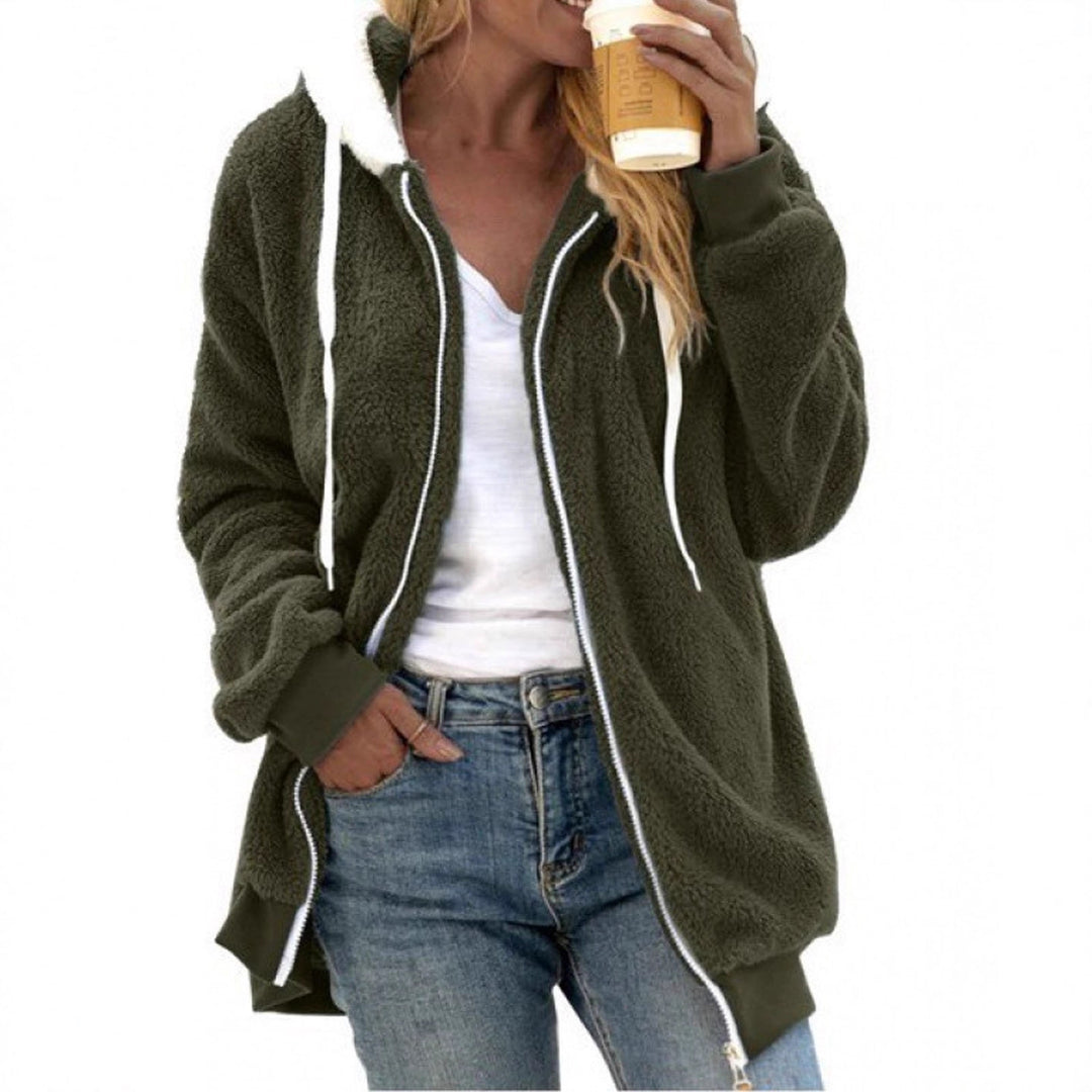 Damen Kuschelige Teddy-Fleece-Kapuzenjacke mit Reißverschluss und Oversized-Schnitt Drune