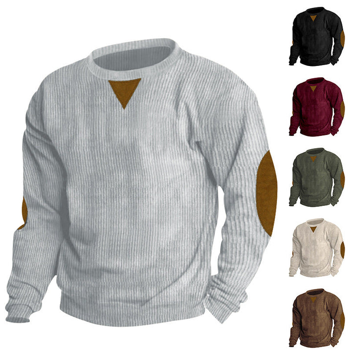 Herren nan grobgerippter Rundhals-Strickpullover mit Ellbogenpatches und Dreiecksdetail Drune