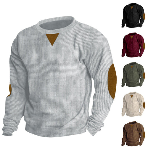 Herren nan grobgerippter Rundhals-Strickpullover mit Ellbogenpatches und Dreiecksdetail Drune