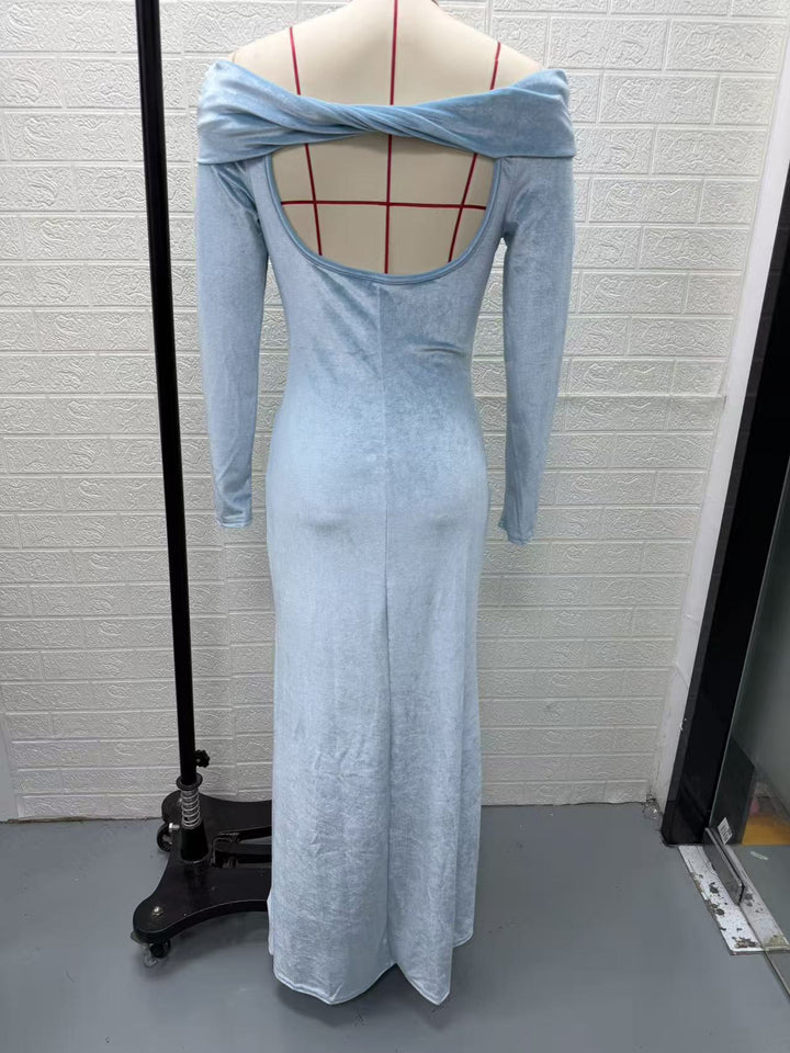 Damen Langes Samtabendkleid mit Carmenausschnitt und tiefem Rückenausschnitt Drune