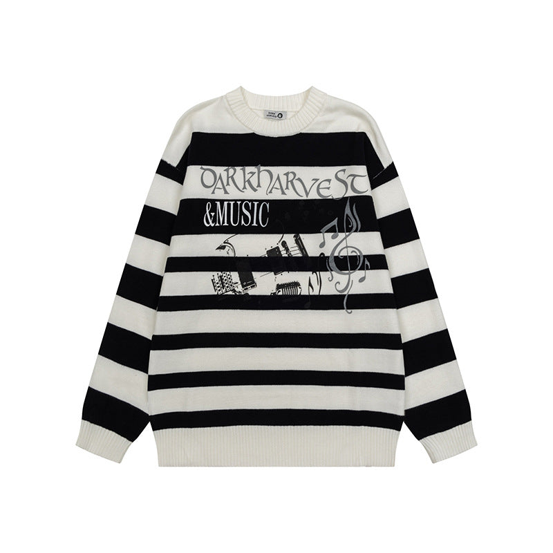 Damen Gestreifter Oversize-Strickpullover mit Rundhals und Musik-Grafik Drune