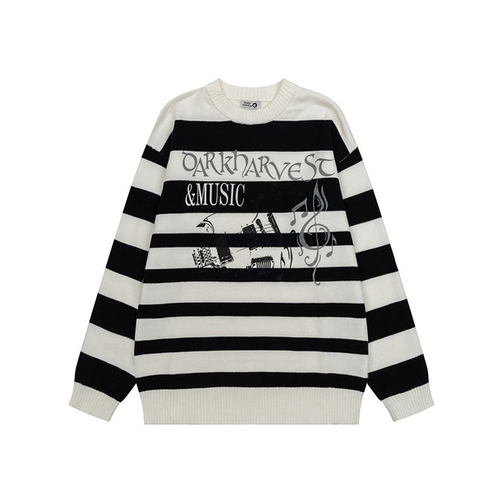Damen Gestreifter Oversize-Strickpullover mit Rundhals und Musik-Grafik Drune