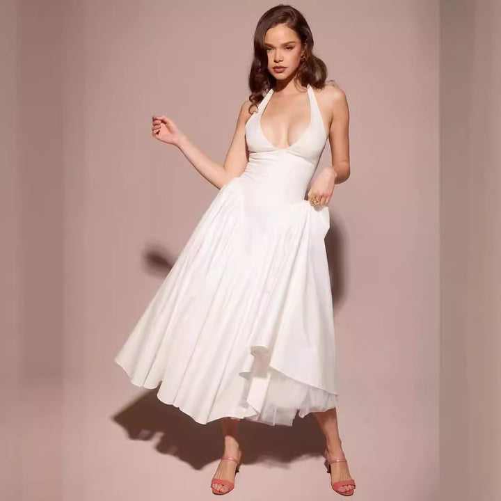 Damen Elegantes Kleid mit tiefem V-Ausschnitt und voluminösem Rock Drune