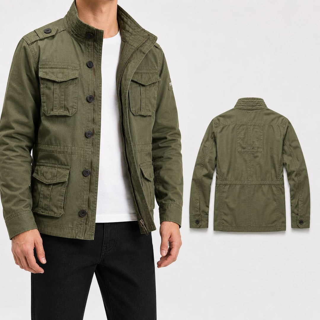 Herren Militärische Feldjacke aus Baumwoll-Mix mit Stehkragen und Multifunktionstaschen Drune