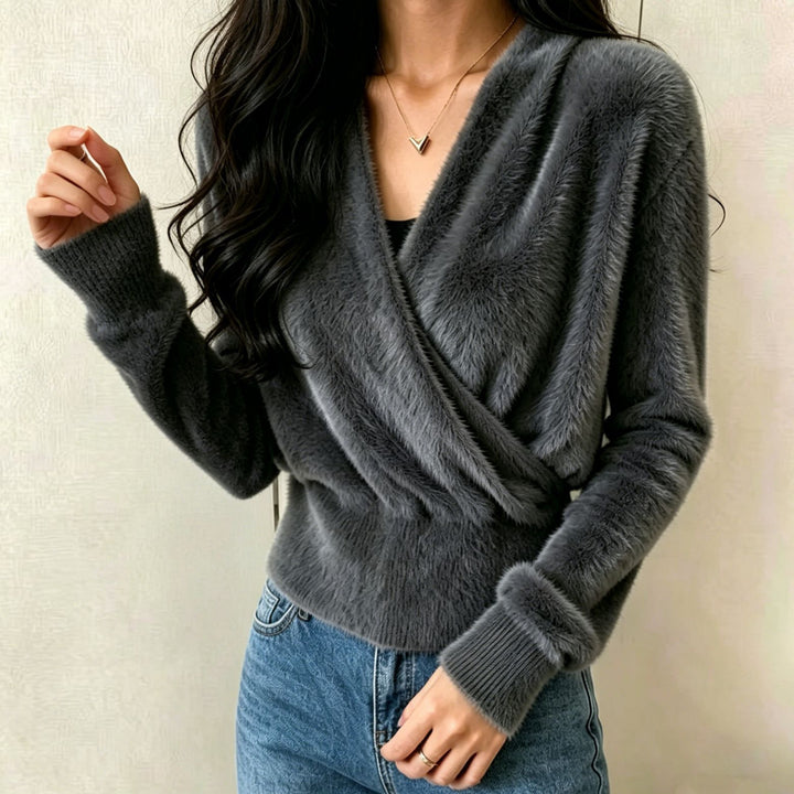 Damen Kuscheliger Wickel‑Pullover aus Faux‑Fur mit tiefem V‑Ausschnitt Drune