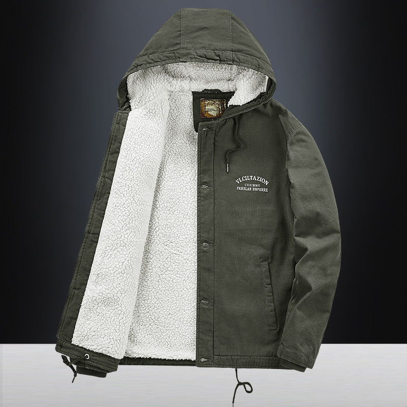 Herren Lässige Canvas-Kapuzenjacke mit durchgehendem Sherpa-Futter und doppelter Front Drune