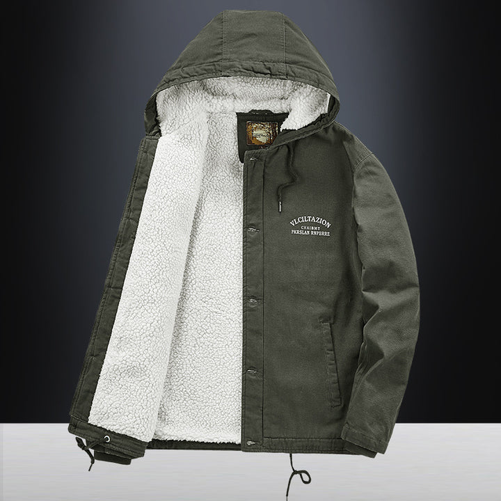 Herren Lässige Canvas-Kapuzenjacke mit durchgehendem Sherpa-Futter und doppelter Front Drune