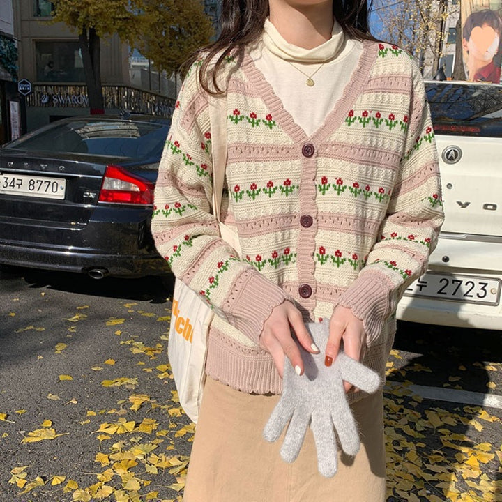 Damen modische Strickjacke mit floralem Design und breiten Ärmeln Drune