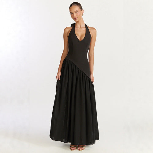 Damen Maxikleid mit tiefem V-Ausschnitt und asymmetrischem Rock Drune