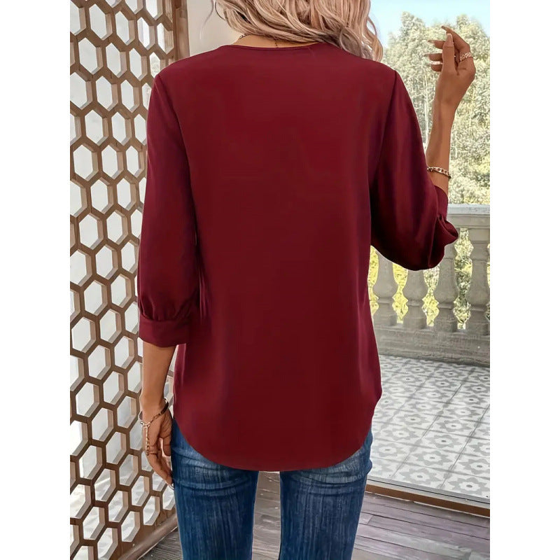 Damen Elegante Viskosebluse mit 3/4-Ärmeln und V-Ausschnitt Drune