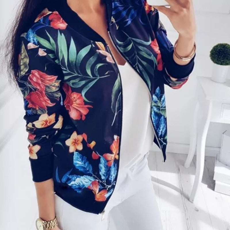 Damen Blousonjacke mit floralem Allover-Print, Reißverschluss und Rippbündchen Drune