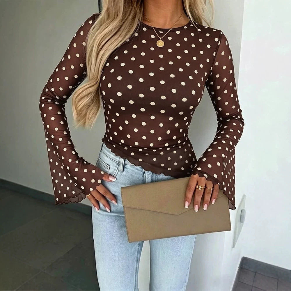 Damen Transparente Mesh-Polka‑Dot-Bluse mit taillierter Passform und Glockenärmeln Drune