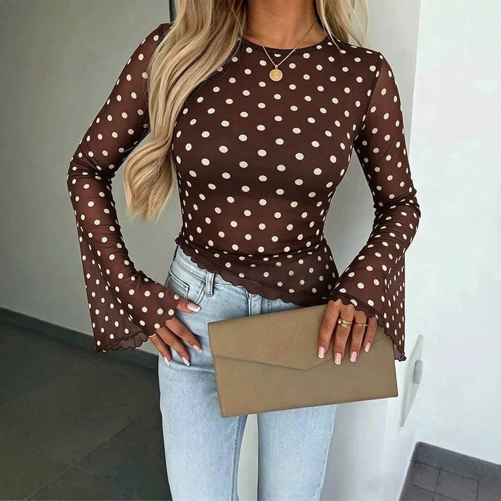 Damen Transparente Mesh-Polka‑Dot-Bluse mit taillierter Passform und Glockenärmeln Drune