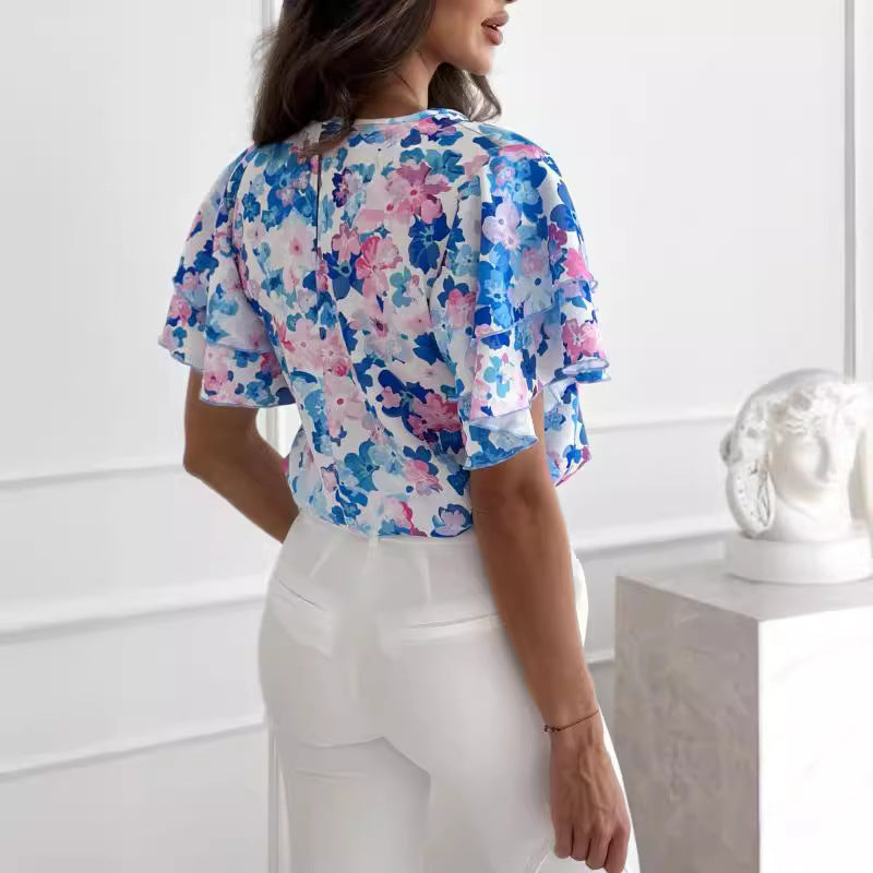 Damen Blusenshirt mit voluminösen Rüschenärmeln und floralem Design Drune