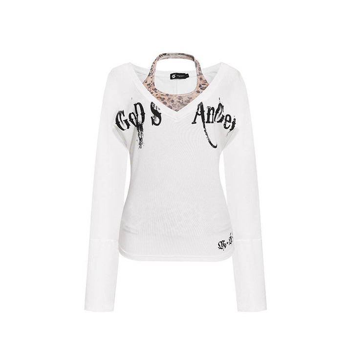 Damen Lagen-Langarmshirt mit integriertem Neckholder und Vintage-Grafik Drune