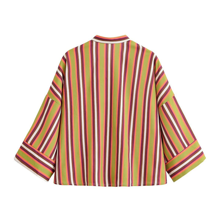 Damen Gestreifte Kimono‑Jacke mit kurzen Trompetenärmeln und dekorativen Knotenverschlüssen Drune