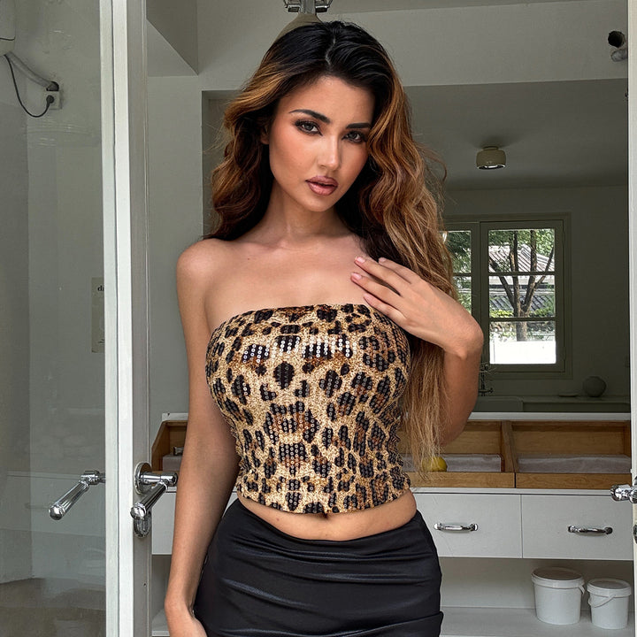 Damen Glamouröses Leopardenmuster Oberteil mit Pailletten Drune