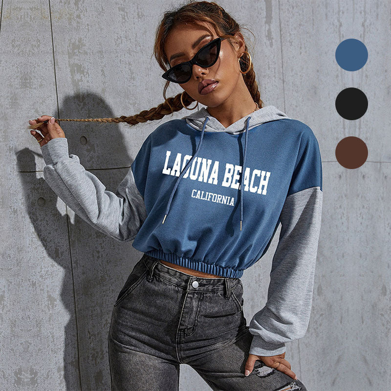 Damen Cropped Hoodie mit Kontrastärmeln, elastischem Saum und schmelzendem Smiley-Print Drune