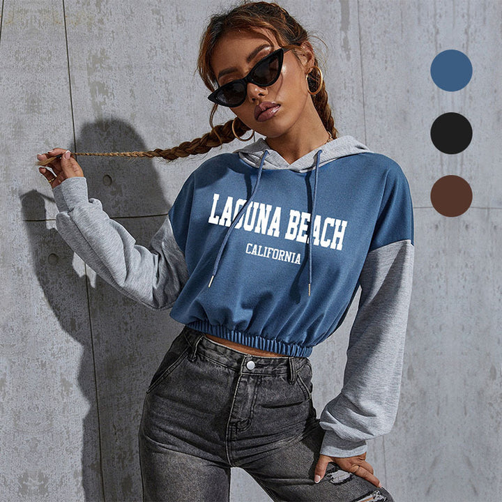 Damen Cropped Hoodie mit Kontrastärmeln, elastischem Saum und schmelzendem Smiley-Print Drune