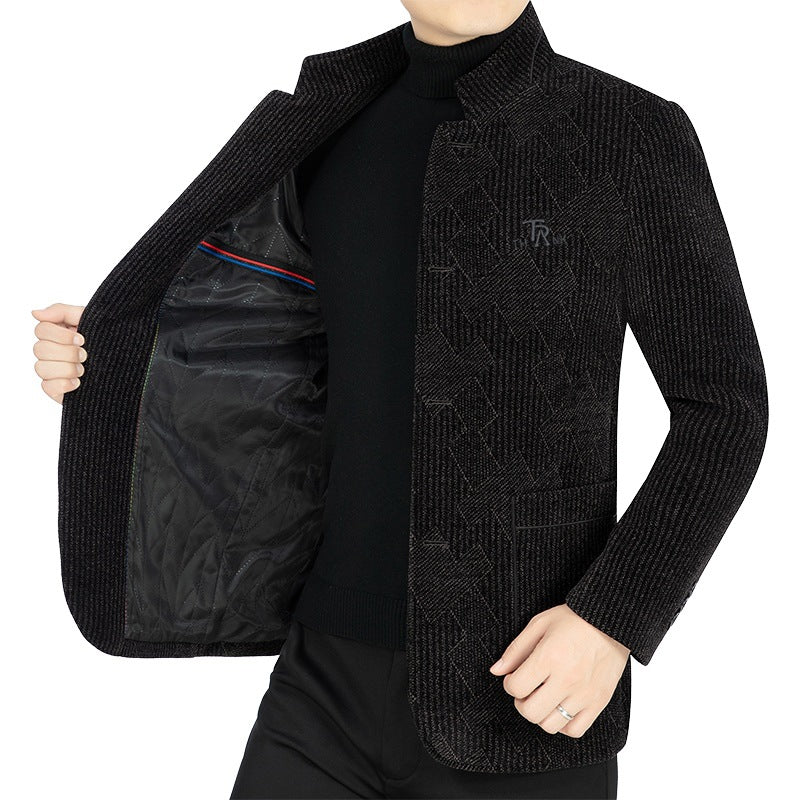 Herren Moderner Stehkragen-Blazer im Bouclé-Look mit feiner geometrischer Struktur Drune