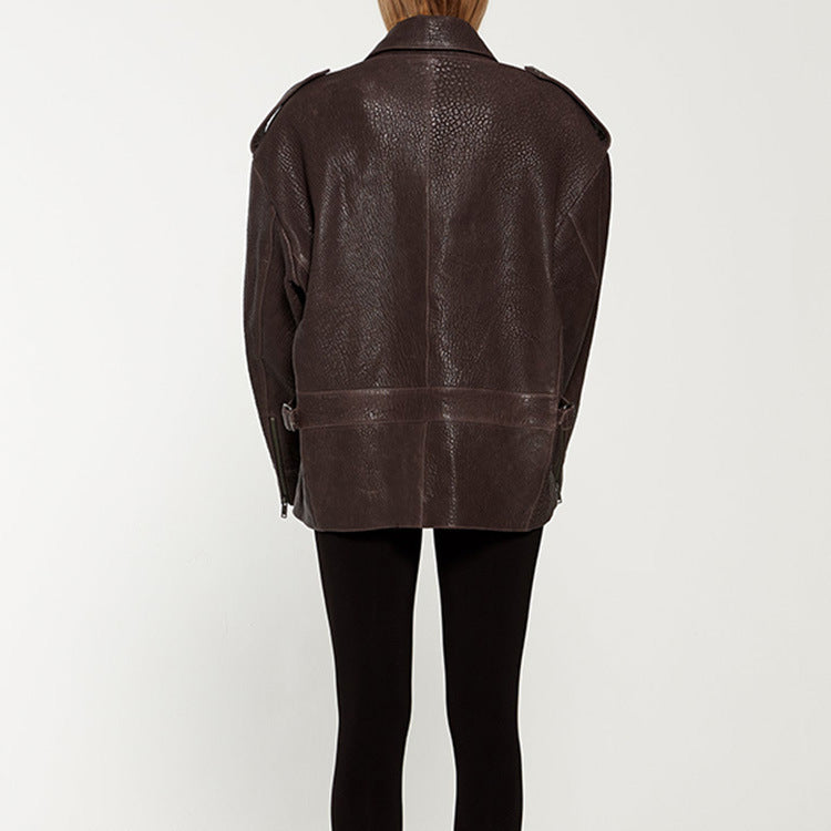 Damen Oversized Lederjacke im robusten Design mit praktischen Taschen Drune