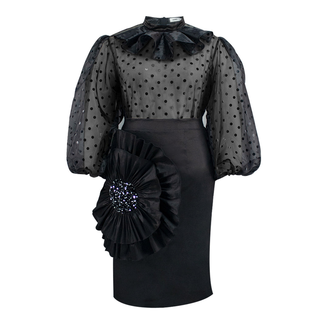 Damen Elegantes Kleid mit transparenten Puffärmeln und Rüschenakzent Drune