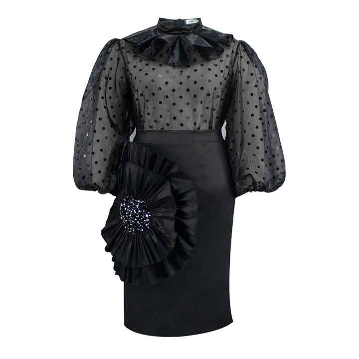 Damen Elegantes Kleid mit transparenten Puffärmeln und Rüschenakzent Drune