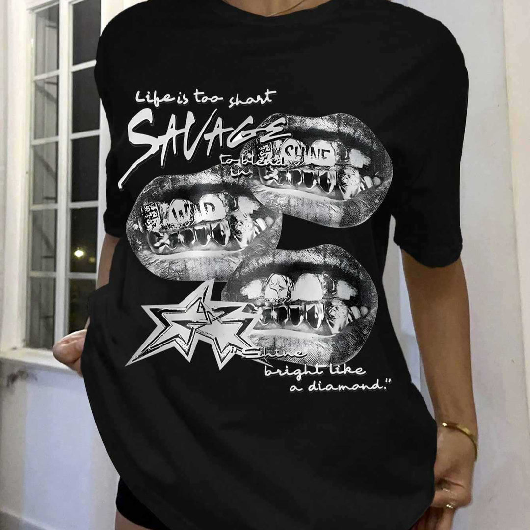 Damen T-Shirt mit kreativem Grafikdesign und urbanem Statement Drune