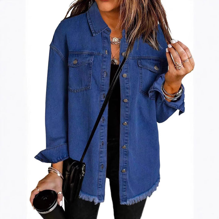 Damen Oversize Jeanshemdjacke mit Fransen und Brusttaschen Drune