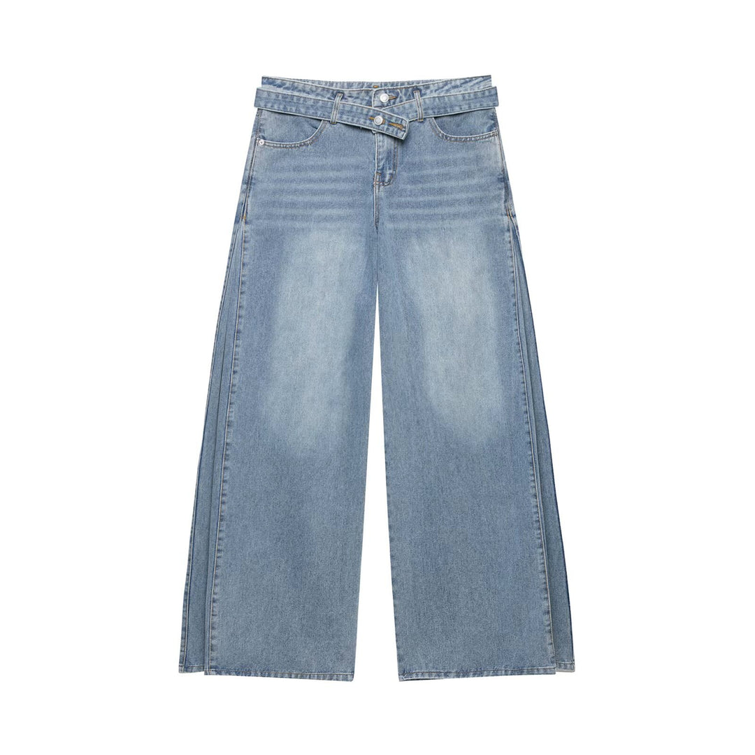 Damen Hochtaillierte weitgeschnittene Jeans mit integriertem Gürtel und seitlichen Steppnähten Drune