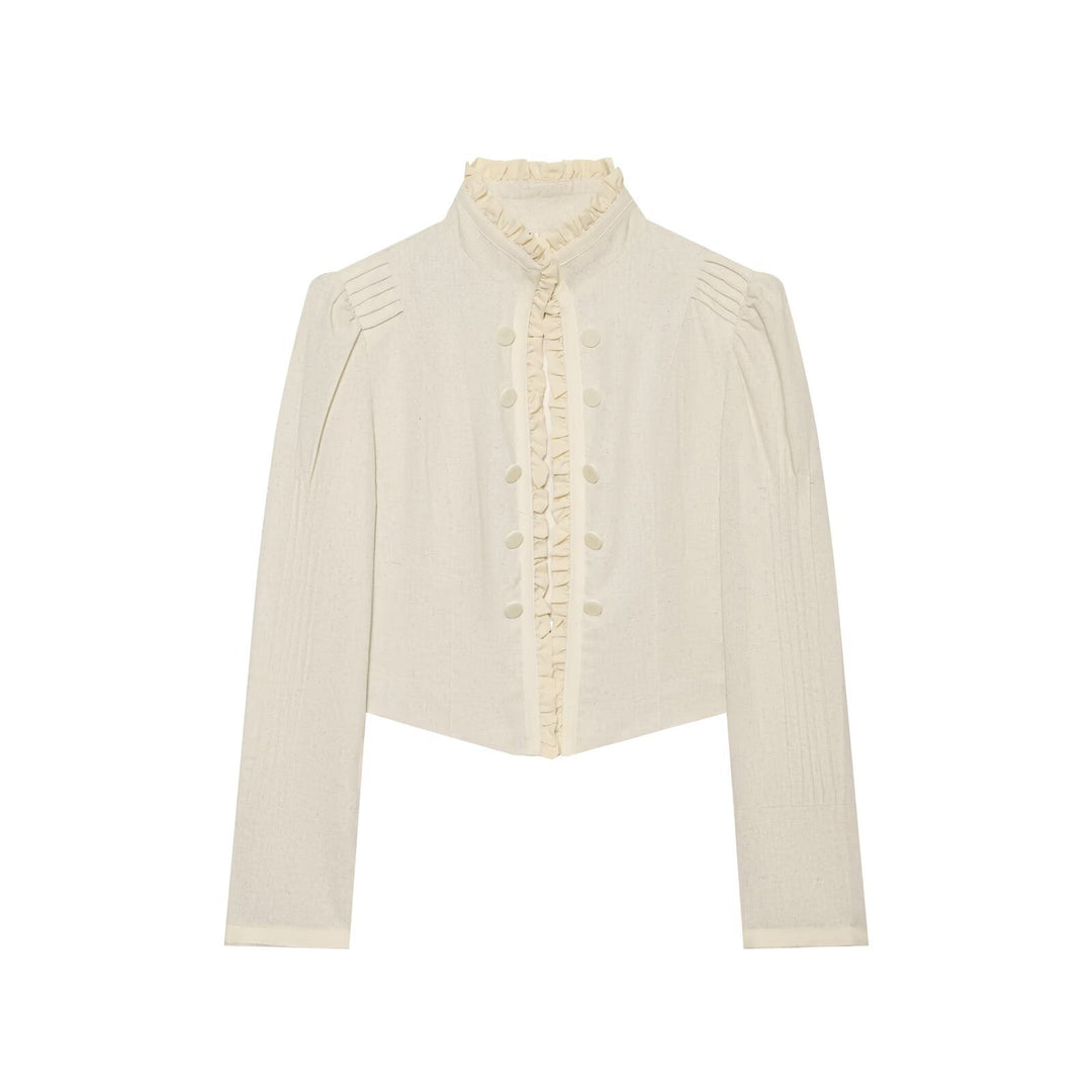 Damen Kurze viktorianisch inspirierte Jacke mit Rüschenkragen und dekorativer Knopfleiste Drune