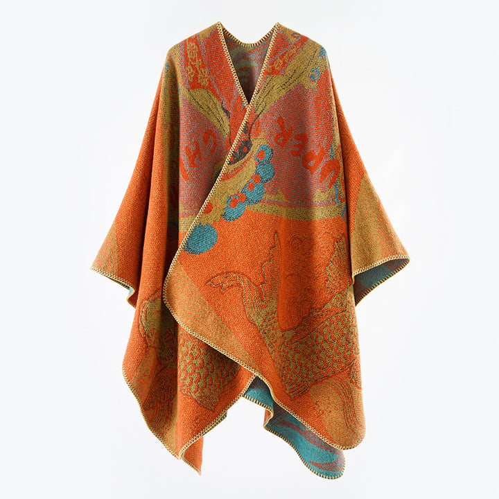 Damen Jacquard-Strick Cape mit Koi-Motiv und weitem Oversize-Fall Drune
