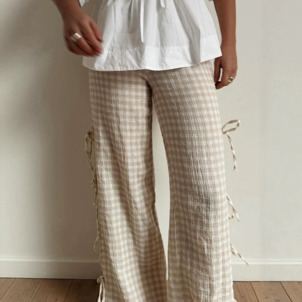 Damen High‑Waist Leinenoptik-Hose mit Gingham-Karo, weitem Bein & seitlichen Bändchen-Details Drune