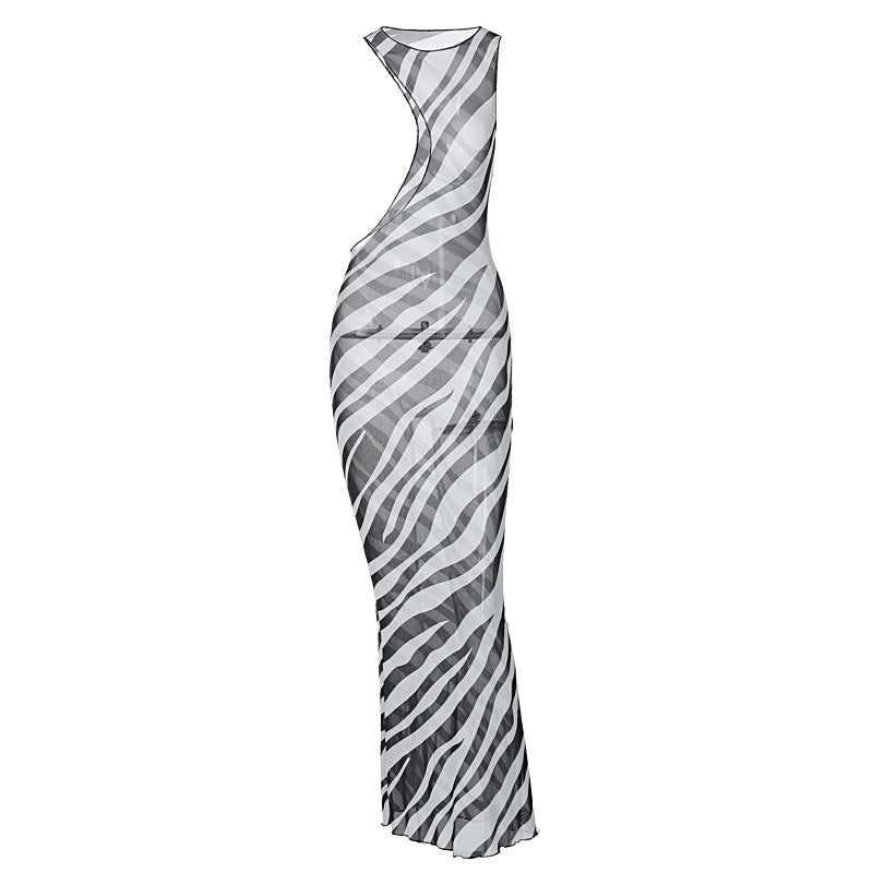Damen Maxikleid mit asymmetrischem Schnitt und transparentem Zebra-Muster Drune