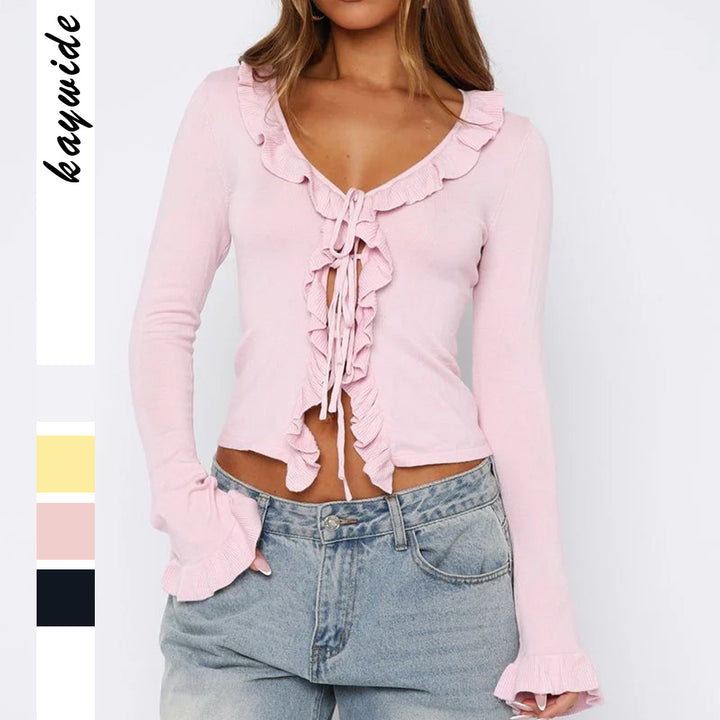 Damen nan tailliertes Rüschen-Feinstrick-Cardigan mit Bindeband, V-Ausschnitt und Volantärmeln Drune