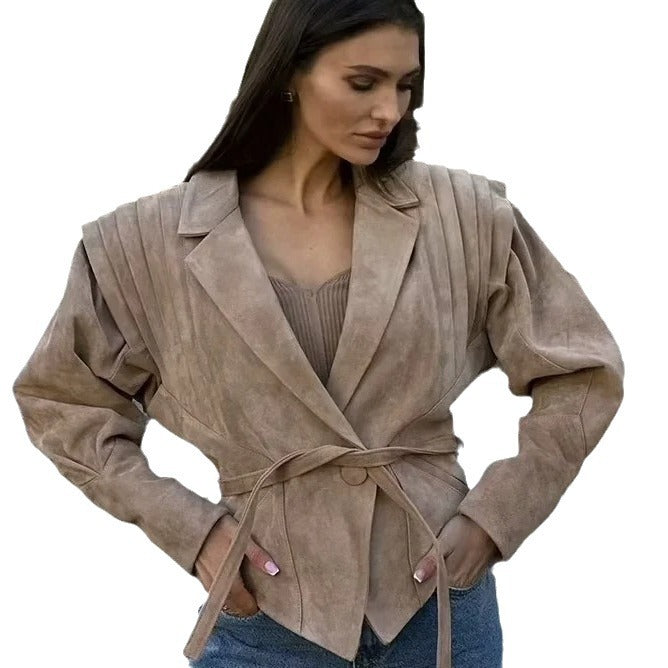 Damen Übergangsjacke aus weichem Wildleder mit taillierbarem Gürtel und voluminösen Ärmeln Drune