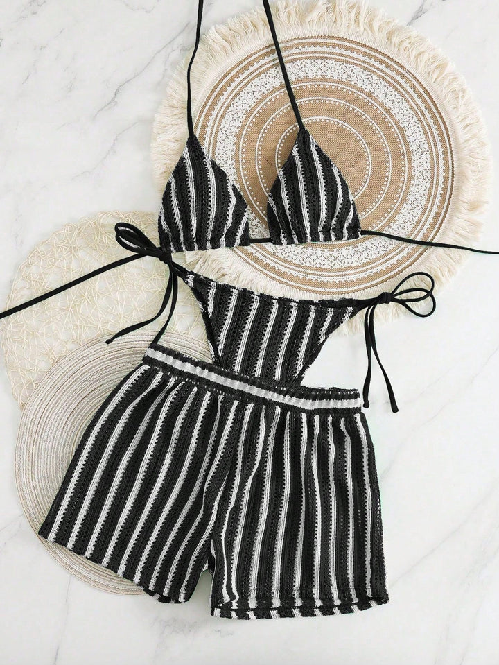 Damen Bikini-Set mit gerafftem Oberteil und hoch taillierten Shorts Drune