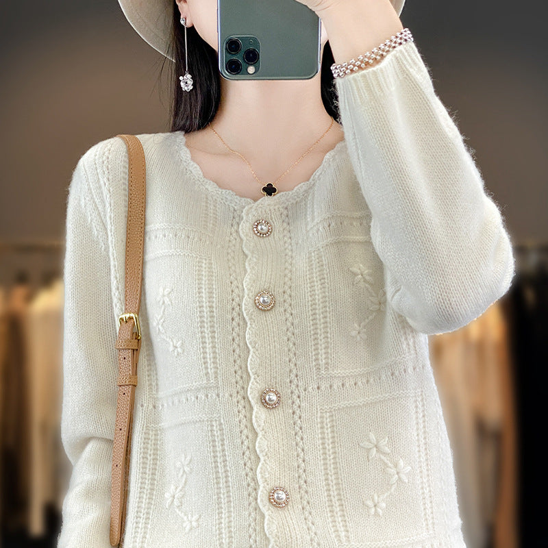 Damen Verzierter Strickcardigan mit Perlenknöpfen und Ajour‑Stickerei Drune