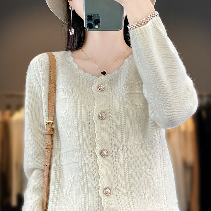 Damen Verzierter Strickcardigan mit Perlenknöpfen und Ajour‑Stickerei Drune