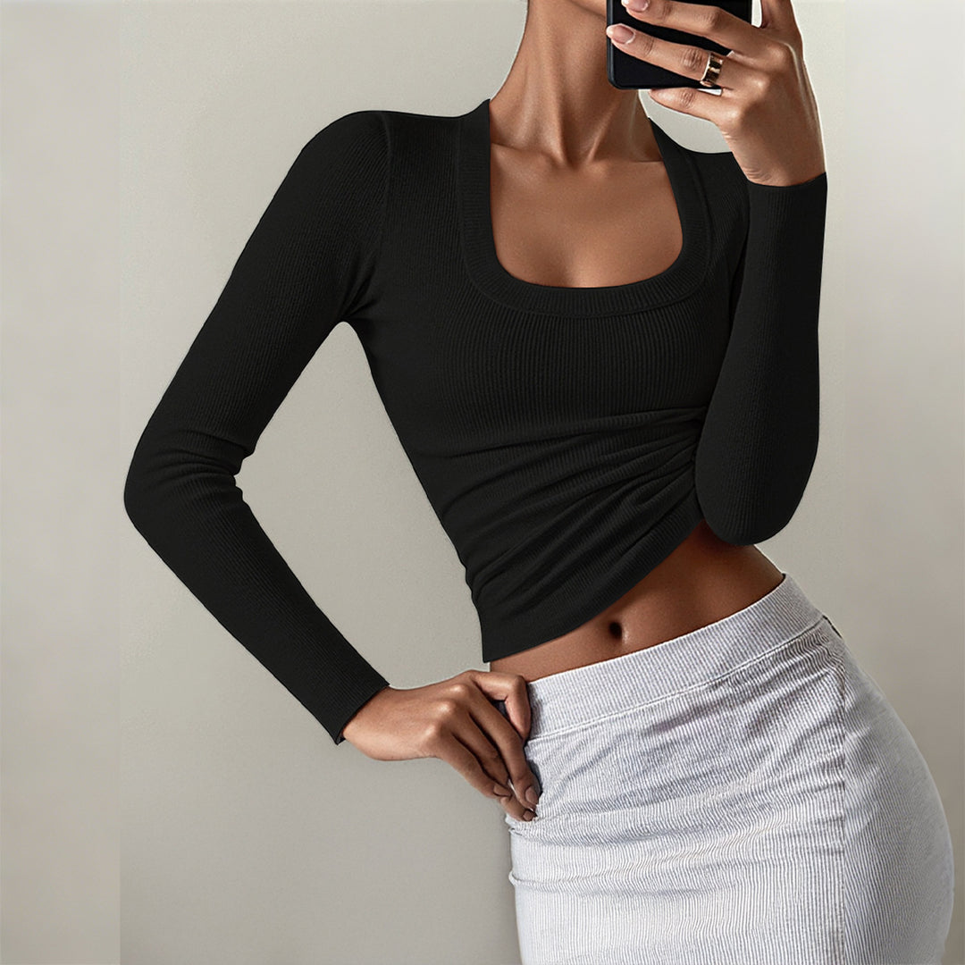 Damen nan figurbetontes Rippstrick-Longsleeve mit tiefem Quadrat-Ausschnitt Drune