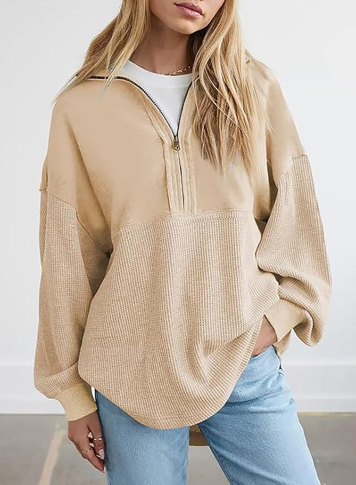 Damen lässiger Kapuzenpullover mit halblangem Reißverschluss und strukturiertem Material Drune