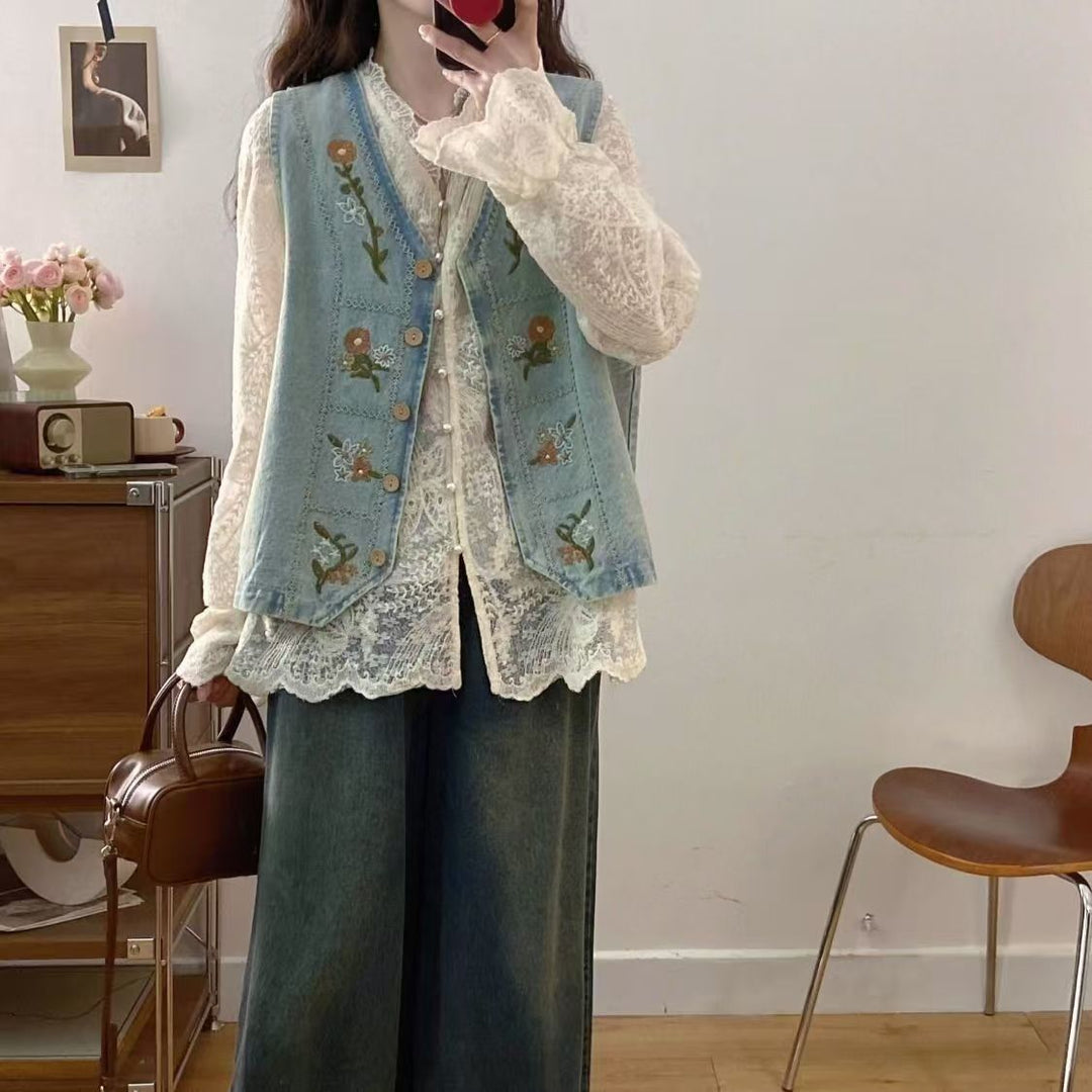 Damen Denim-Weste mit floralem Stickdesign Drune