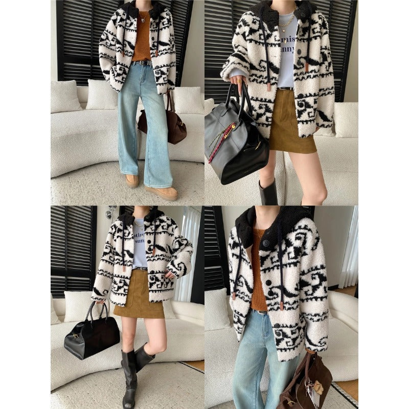 Damen kuschelige Oversized-Jacke mit grafischem Muster und hochwertigen Details Drune