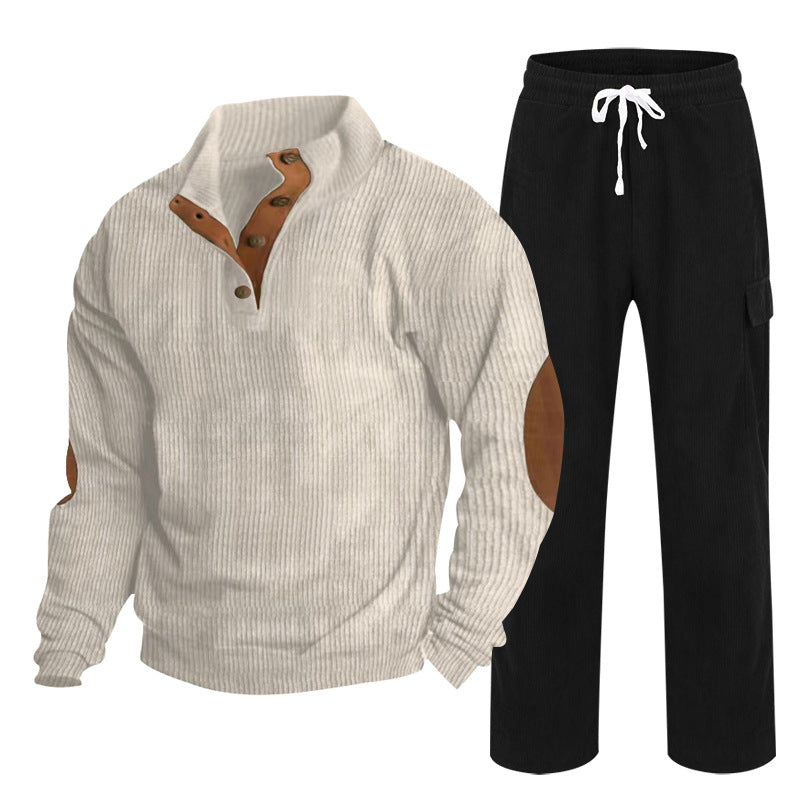 Herren Gemütliches Freizeit-Set aus Waffelstrick-Henley mit Ellenbogenpatch und Relax-Cargo-Hose Drune