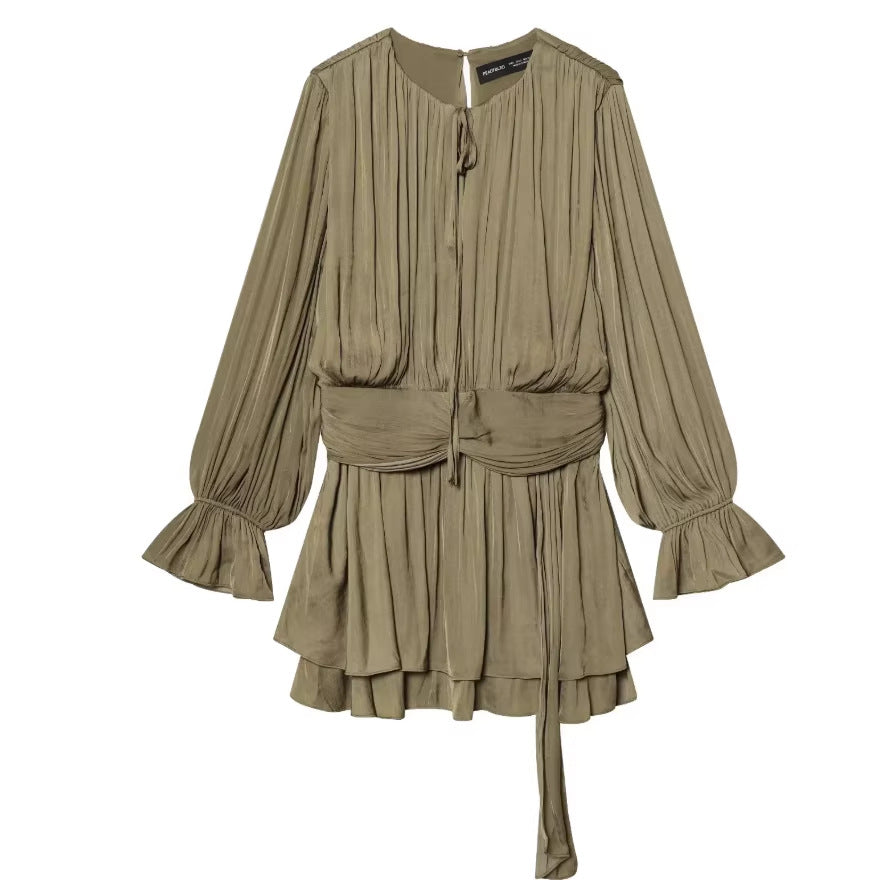 Damen Plissiertes Bindeblouson-Minikleid mit tailliertem Wickelgürtel und Glockenärmeln Drune