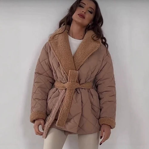 Damen gesteppte Fleecejacke mit Gürtel und großem Kragen Drune
