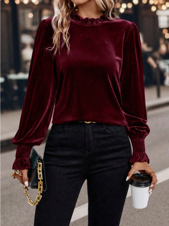 Damen Samtbluse mit Rüschenkragen und Smokbündchen Drune