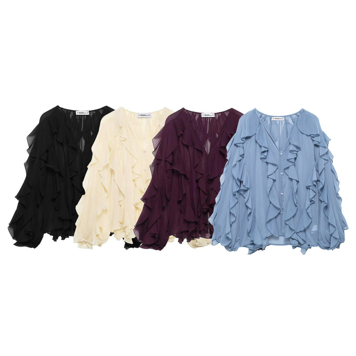 Damen 200+ voluminöse Chiffon‑Rüschenbluse mit Fledermausärmeln und Knopfleiste Drune