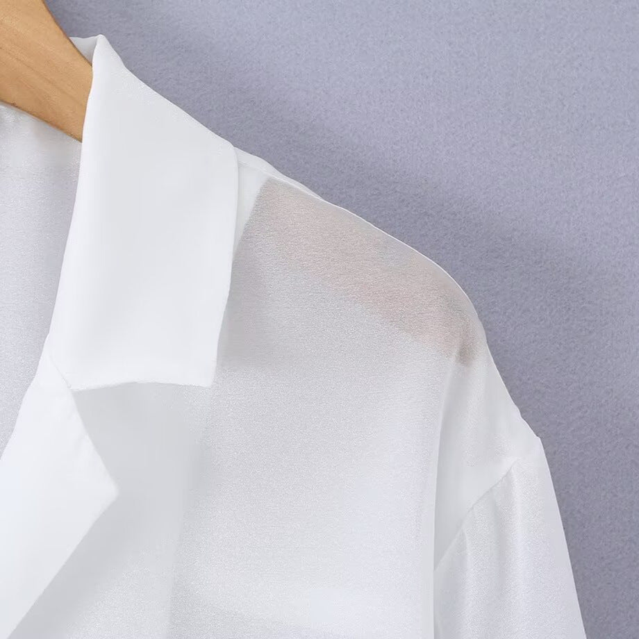 Damen Transparente Langarm-Bluse aus Chiffon mit Reverskragen und durchgehender Knopfleiste Drune