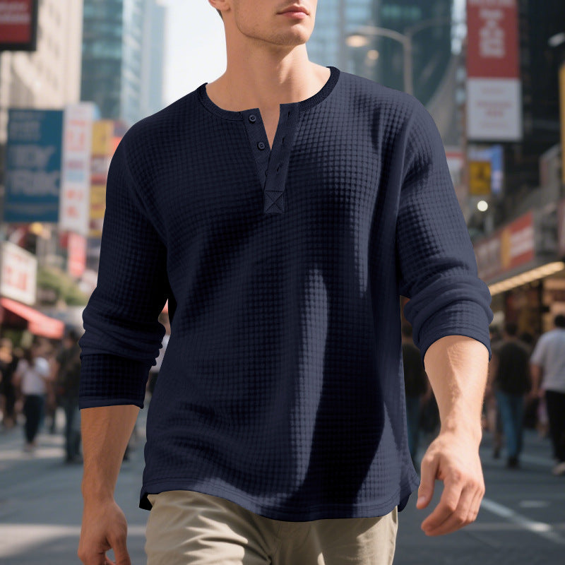 Herren nan Waffelstruktur-Henley-Langarmshirt mit Rundhalsausschnitt, mehrfacher Knopfleiste und entspannter Passform Drune